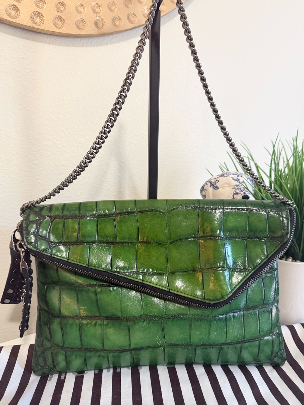 Henri Bendel Green Croc-Embossed Leather Clutch with Chain Strap and Mirror